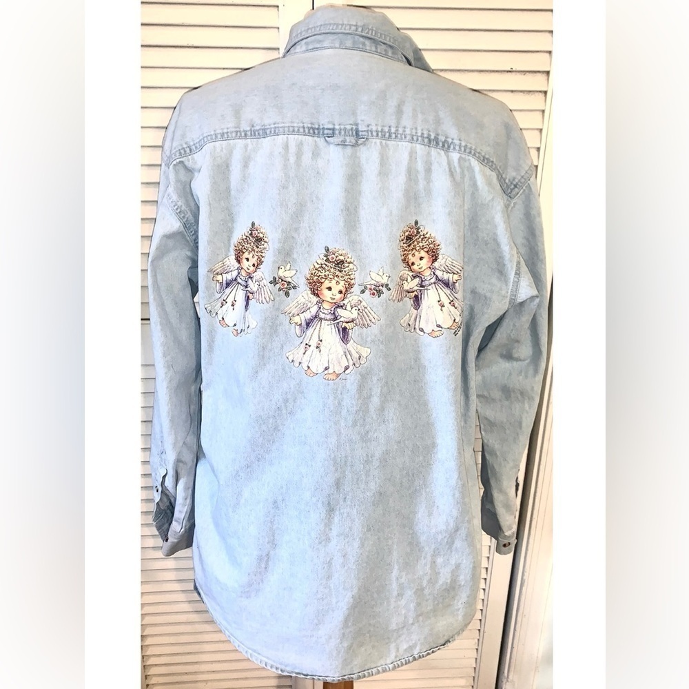 90s Light Blue Denim Shirt with Angel and dove patches long sleeve button down S